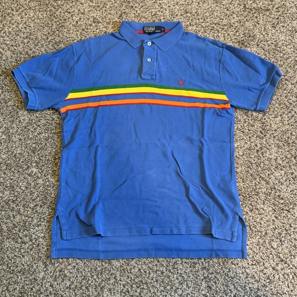 Polo Ralph Lauren Size M Blue Vintage Rugby Preppy Rainbow 2in Tail Y2K Golf